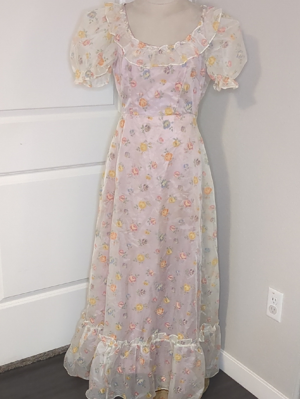 Vintag 70s Maxi Dress Prairie Gunne Style Floral Swiss Dot Pink Purple Sz Small - Picture 2 of 15
